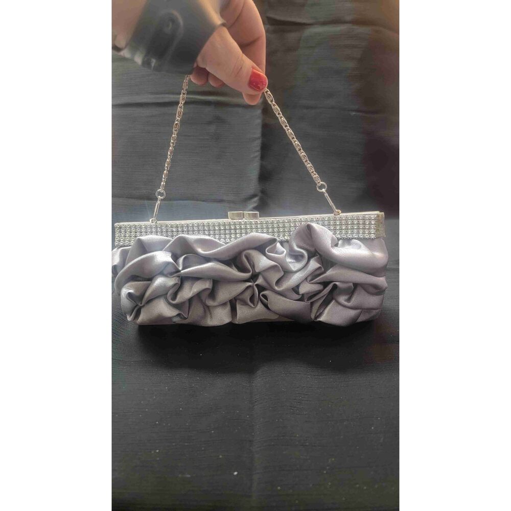 Bijoux Terner Gray Satin Ruffle Clutch With Metal Frame